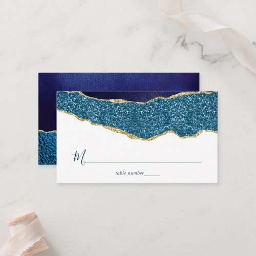 Elegant Navy Blue  Gold Agate Wedding Place Card