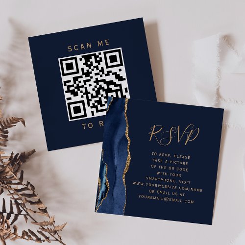Elegant Navy Blue Gold Agate Wedding QR Code RSVP Enclosure Card