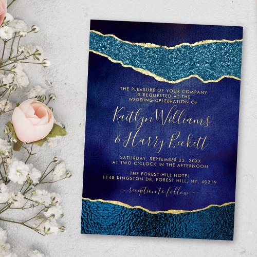 Elegant Navy Blue  Gold Agate Wedding Real Foil Invitation