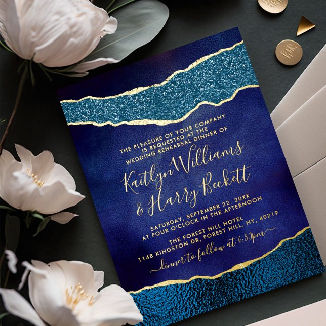 Elegant Navy Blue & Gold Agate Wedding Rehearsal Foil Invitation (Creator Uploaded)