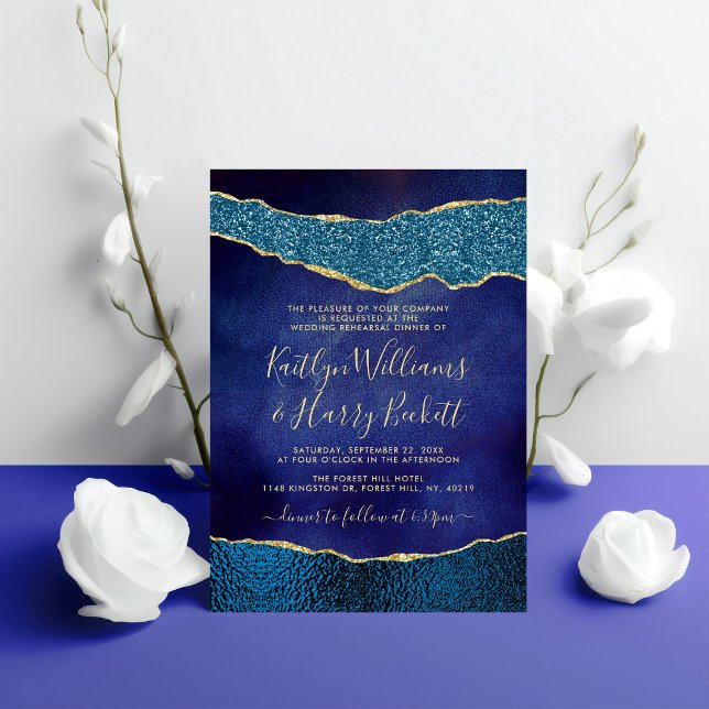 Elegant Navy Blue & Gold Agate Wedding Rehearsal Invitation (Creator Uploaded)