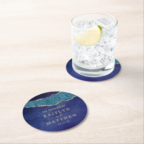 Elegant Navy Blue & Gold Agate Wedding Round Paper Coaster