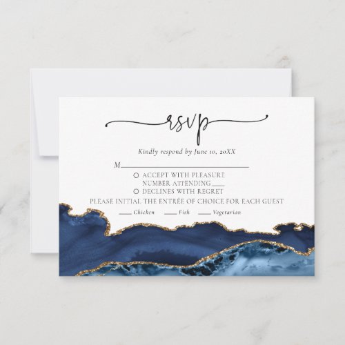 Elegant Navy Blue Gold Agate Wedding RSVP Card