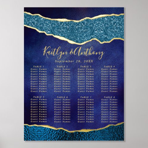 Elegant Navy Blue  Gold Agate Wedding Seating Foil Prints