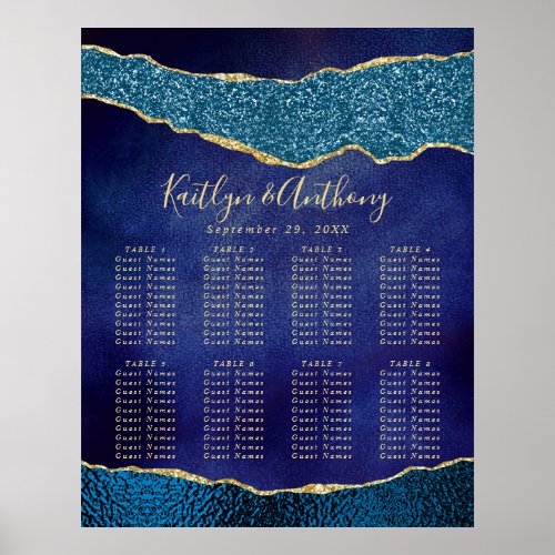 Elegant Navy Blue  Gold Agate Wedding Seating Poster
