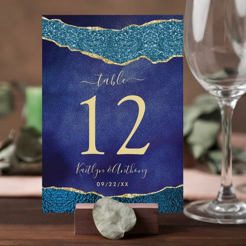 Elegant Navy Blue  Gold Agate Wedding Table Card
