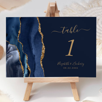Elegant Navy Blue Gold Agate Wedding Table Number by Wedding_Paper_Nest at Zazzle