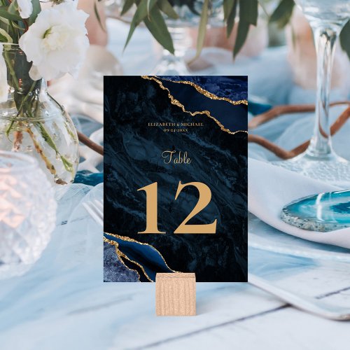 Elegant Navy Blue Gold Agate Wedding Table Number