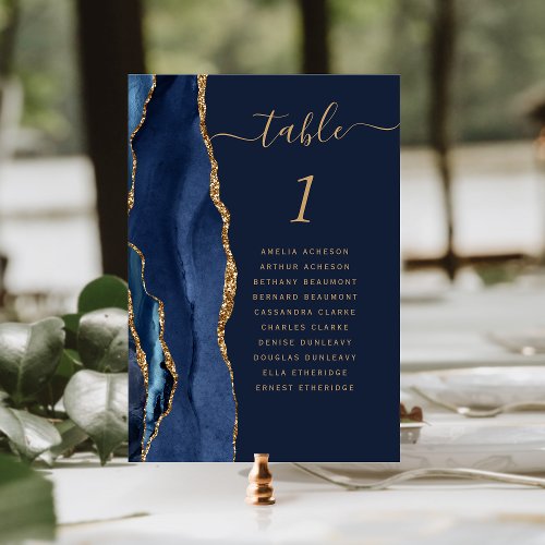 Elegant Navy Blue Gold Agate Wedding Table Number