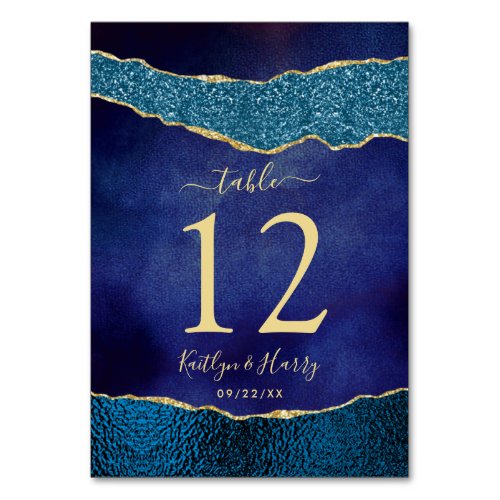 Elegant Navy Blue  Gold Agate Wedding Table Number