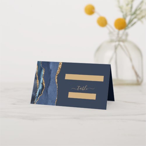 Elegant Navy Blue Gold Agate Wedding Table Place Card