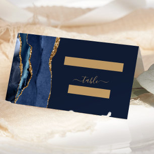 Elegant Navy Blue Gold Agate Wedding Table Place Card