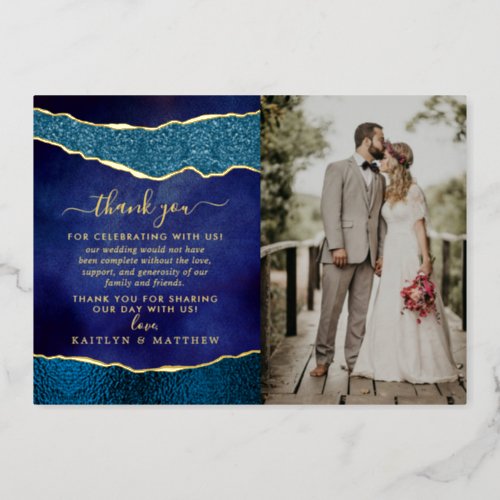 Elegant Navy Blue  Gold Agate Wedding Thank You Foil Invitation
