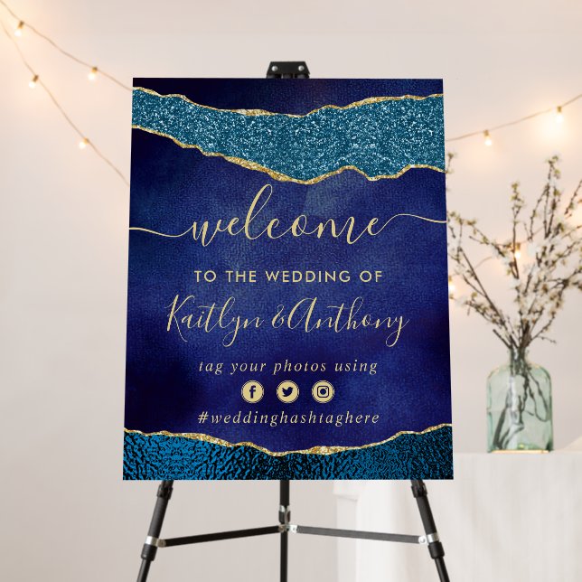 Elegant Navy Blue & Gold Agate Wedding Welcome Foam Board (In Situ (Stand))