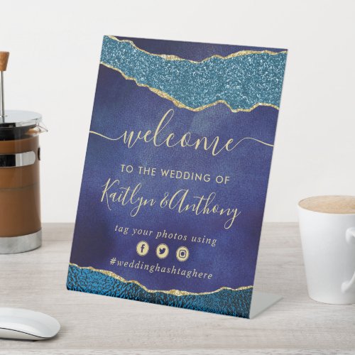Elegant Navy Blue & Gold Agate Wedding Welcome Pedestal Sign