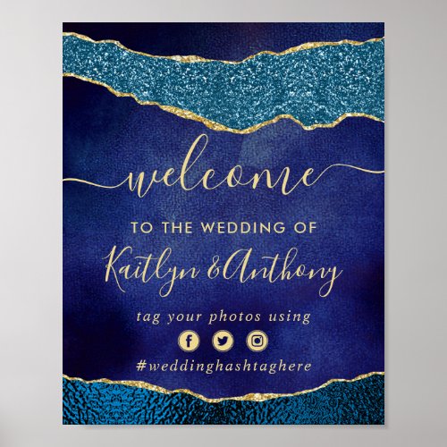 Elegant Navy Blue  Gold Agate Wedding Welcome Poster