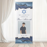 Elegant Navy Blue Gold Bar Mitzvah Party Photo Retractable Banner<br><div class="desc">Elegant navy blue and gold agate decorates the side of this modern Bar Mitzvah party welcome vertical banner. Your son's name is written in beautiful formal script under the Star of David. Add a photo above his birthday date. Perfect for a chic, stylish Jewish family celebrating a boy being called...</div>