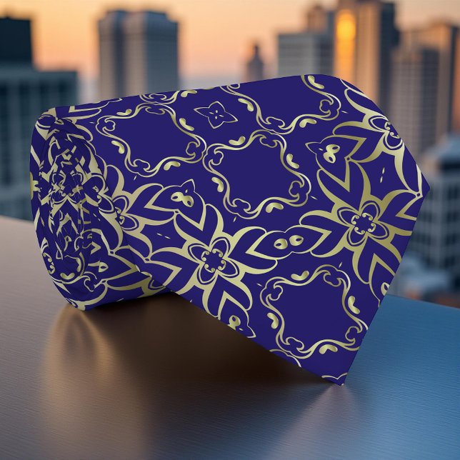 Elegant Navy Blue & Gold Baroque Royal Pattern Neck Tie (Creator Uploaded)