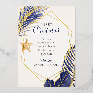 Elegant Navy Blue & Gold Beach Tropical Christmas Foil Holiday Card