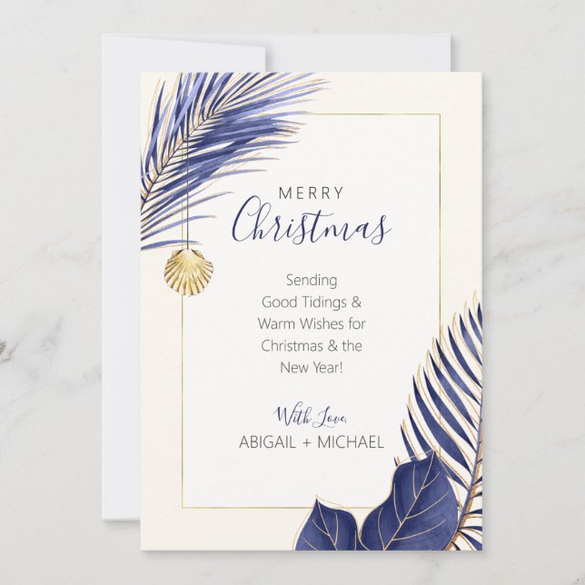 Elegant Navy Blue & Gold Beach Tropical Christmas Holiday Card (Front)
