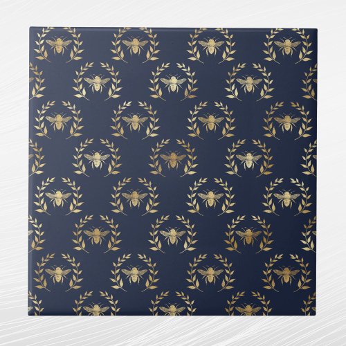 Elegant Navy Blue Gold Bees Laurel Wreath Ceramic Tile