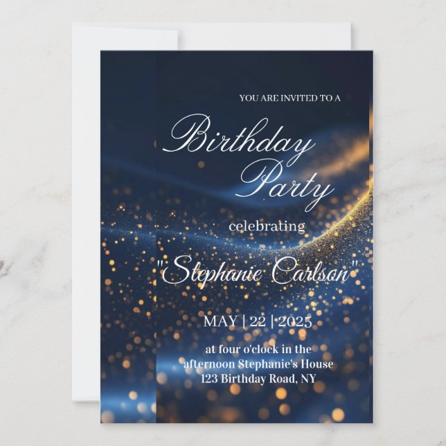 Elegant Navy Blue & Gold Birthday Party Invitation (Front)