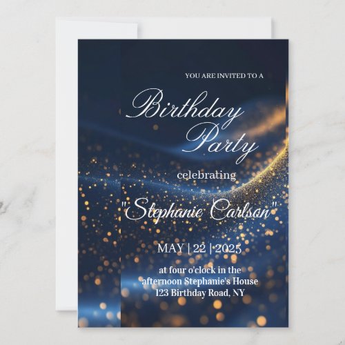 Elegant Navy Blue & Gold Birthday Party Invitation