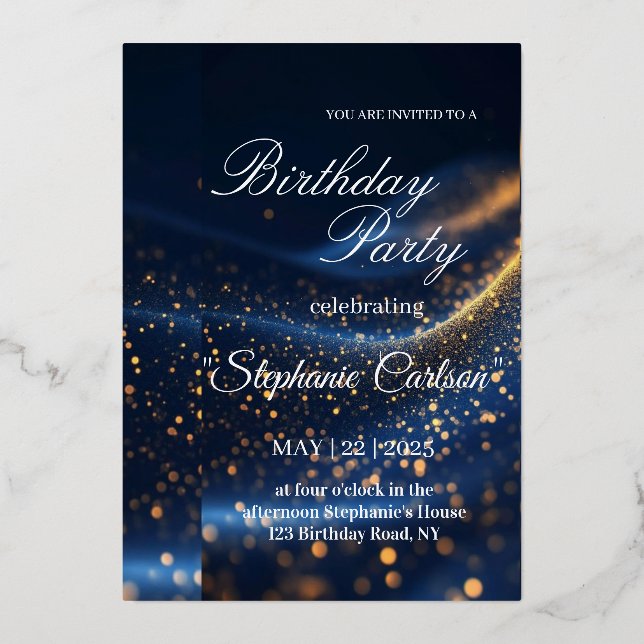 Elegant Navy Blue & Gold Birthday Party Invitation Foil Invitation (Front)