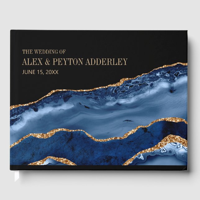 Elegant Navy Blue Gold Black Marble Wedding  Guest Book (Front)