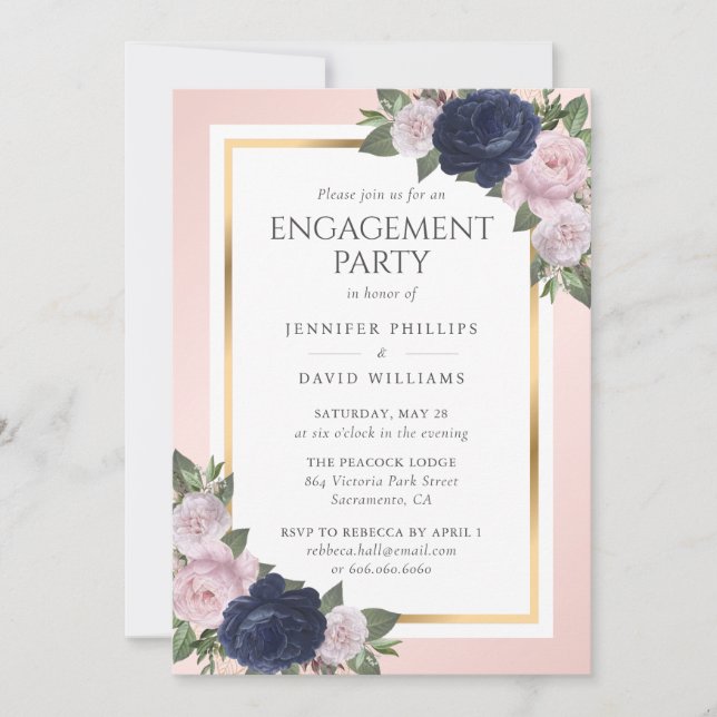 Elegant Navy Blue Gold Blush Engagement Party Invitation (Front)