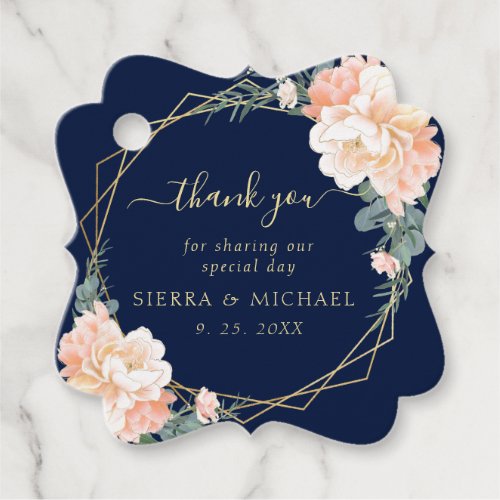 Elegant Navy Blue Gold Blush Peach Floral Wedding Favor Tags