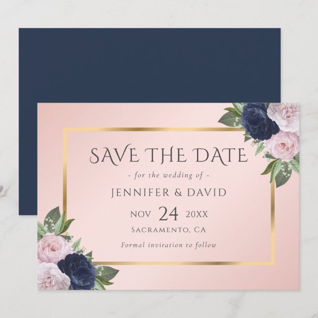 Elegant Navy Blue Gold Blush Pink Floral Save The Date (Front/Back)