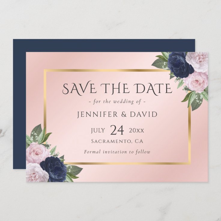 Elegant Navy Blue Gold Blush Pink Floral Save The Date | Zazzle