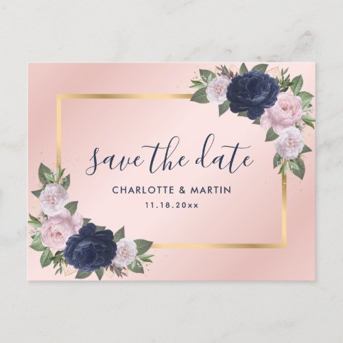 Elegant Navy Blue Gold Blush Pink Floral Wedding Announcement Postcard