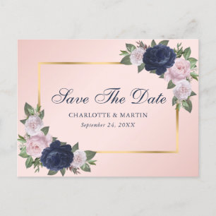 Elegant Navy Blue Gold Blush Pink Floral Wedding Announcement Postcard