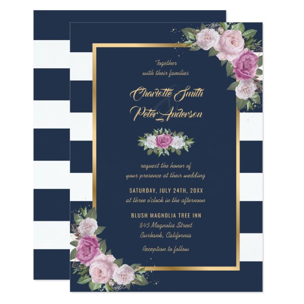 Elegant Navy Blue Gold Blush Pink Floral Wedding Invitation
