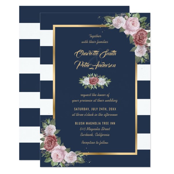 Elegant Navy Blue Gold Blush Pink Floral Wedding Invitation