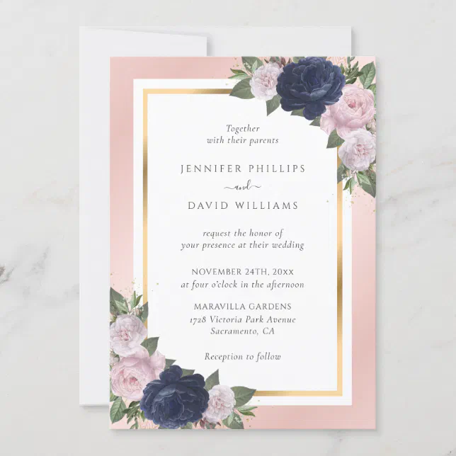 Elegant Navy Blue Gold Blush Pink Floral Wedding Invitation | Zazzle