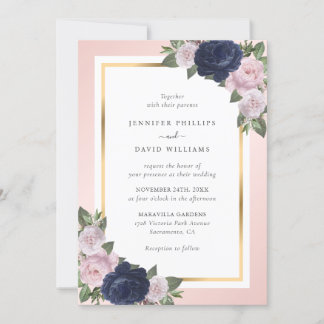 Elegant Navy Blue Gold Blush Pink Floral Wedding Invitation