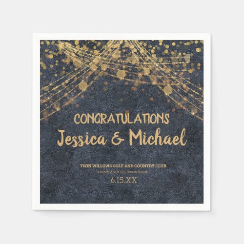 Elegant Navy Blue Gold Bokeh Wedding Reception Napkins