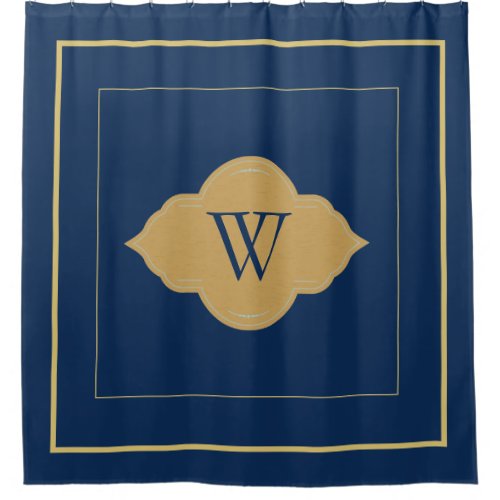 Elegant Navy blue gold Border Monogram Letter  Shower Curtain