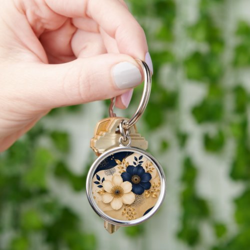 Elegant Navy Blue & Gold Botanical Floral Pattern Keychain