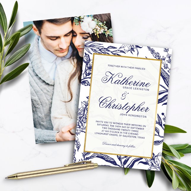 Elegant Navy Blue Gold Botanical Photo Wedding Invitation (Elegant Navy Blue Gold Botanical Photo Wedding Invitations)