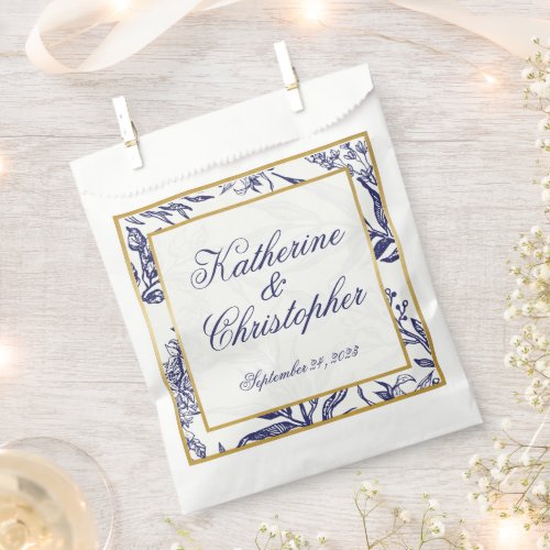 Elegant Navy Blue Gold Botanical Wedding Favor Bag