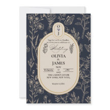 Elegant Navy Blue Gold Botanical Wedding Invitatio