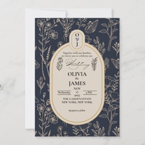 Elegant Navy Blue Gold Botanical Wedding Invitatio