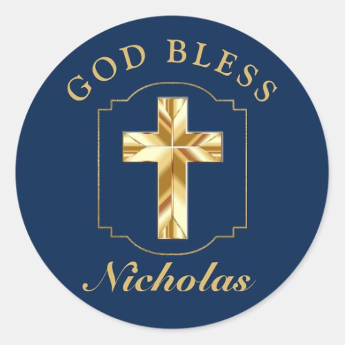 Elegant Navy Blue Gold Boys Confirmation GOD BLESS Classic Round Sticker