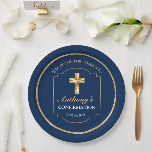 Elegant Navy Blue Gold Boys Confirmation Reception Paper Plates