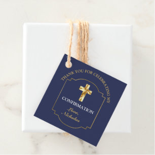 Elegant Navy Blue Gold Boys Confirmation Thank You Favor Tags