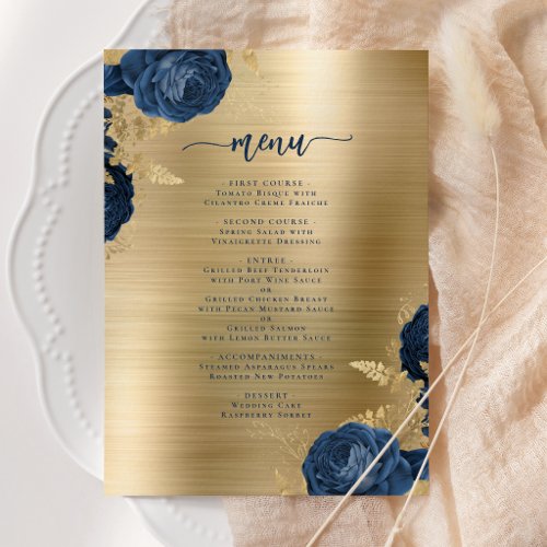 Elegant Navy Blue Gold Brushed Metal Wedding Menu